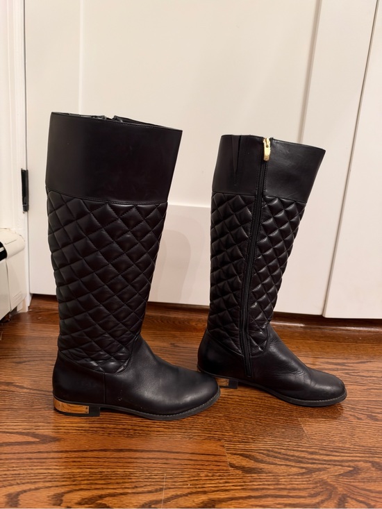 Vince Camuto Shoes - Vince Camuto Black Quilted Knee-High Riding Boots with Gold Accent